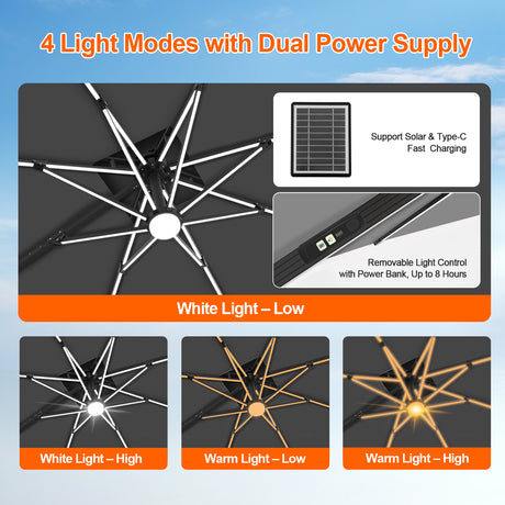 Patioslife Aegis Premium Cantilever Umbrella with Built-In LED Strip Lights and Reinforced Aluminum Ribs & Pole for Patios & Gardens