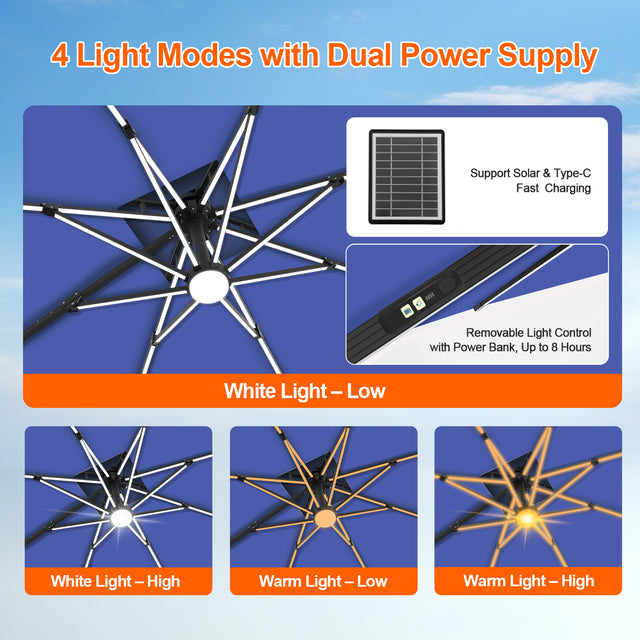Patioslife Aegis Premium Cantilever Umbrella with Built-In LED Strip Lights and Reinforced Aluminum Ribs & Pole for Patios & Gardens