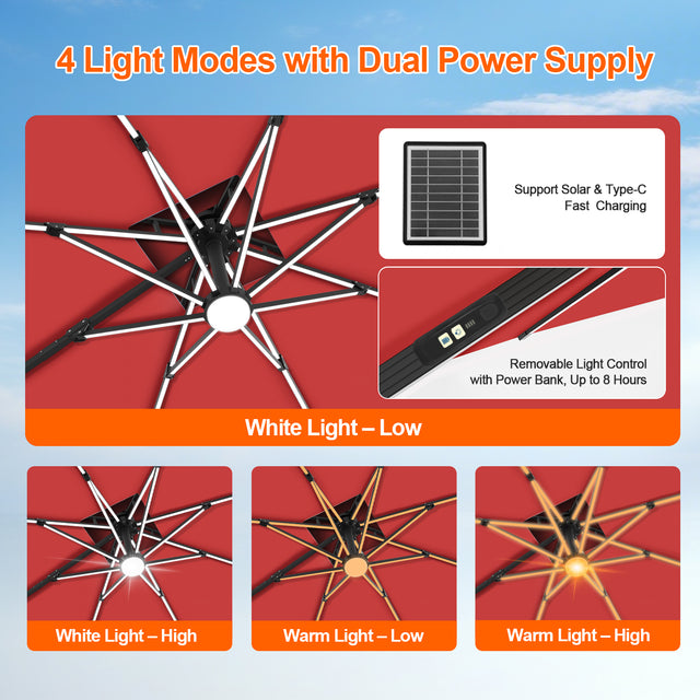 Patioslife Aegis Premium Cantilever Umbrella with Built-In LED Strip Lights and Reinforced Aluminum Ribs & Pole for Patios & Gardens