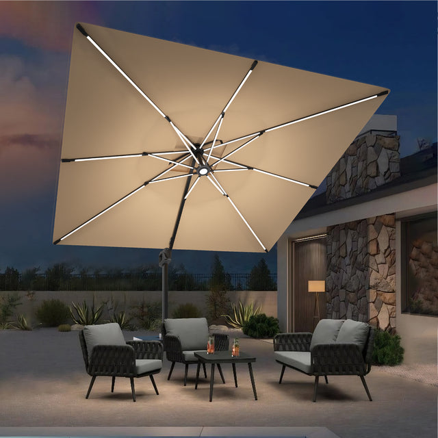 Patioslife Aegis Premium Cantilever Umbrella with Built-In LED Strip Lights and Reinforced Aluminum Ribs & Pole for Patios & Gardens