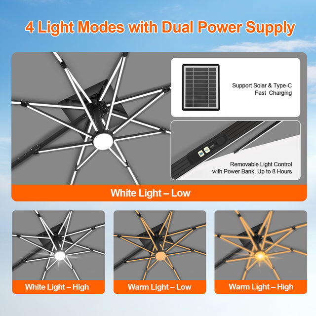 Patioslife Aegis Premium Cantilever Umbrella with Built-In LED Strip Lights and Reinforced Aluminum Ribs & Pole for Patios & Gardens