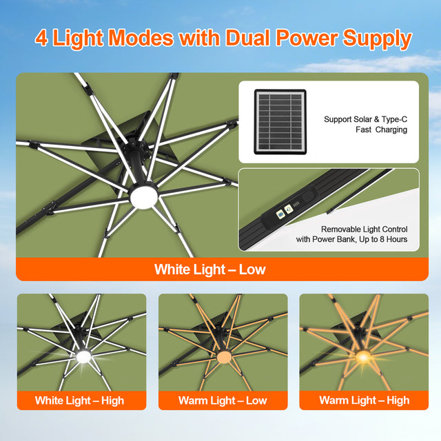 Patioslife Aegis Premium Cantilever Umbrella with Built-In LED Strip Lights and Reinforced Aluminum Ribs & Pole for Patios & Gardens