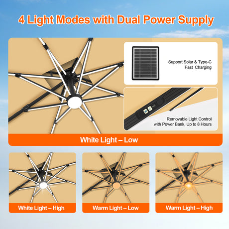 Patioslife Aegis Premium Cantilever Umbrella with Built-In LED Strip Lights and Reinforced Aluminum Ribs & Pole for Patios & Gardens