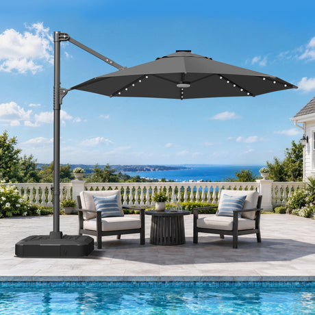 Patioslife Aegis 10ft Round Cantilever Patio Umbrella with solar LED lights | Premium Cover | Large Base