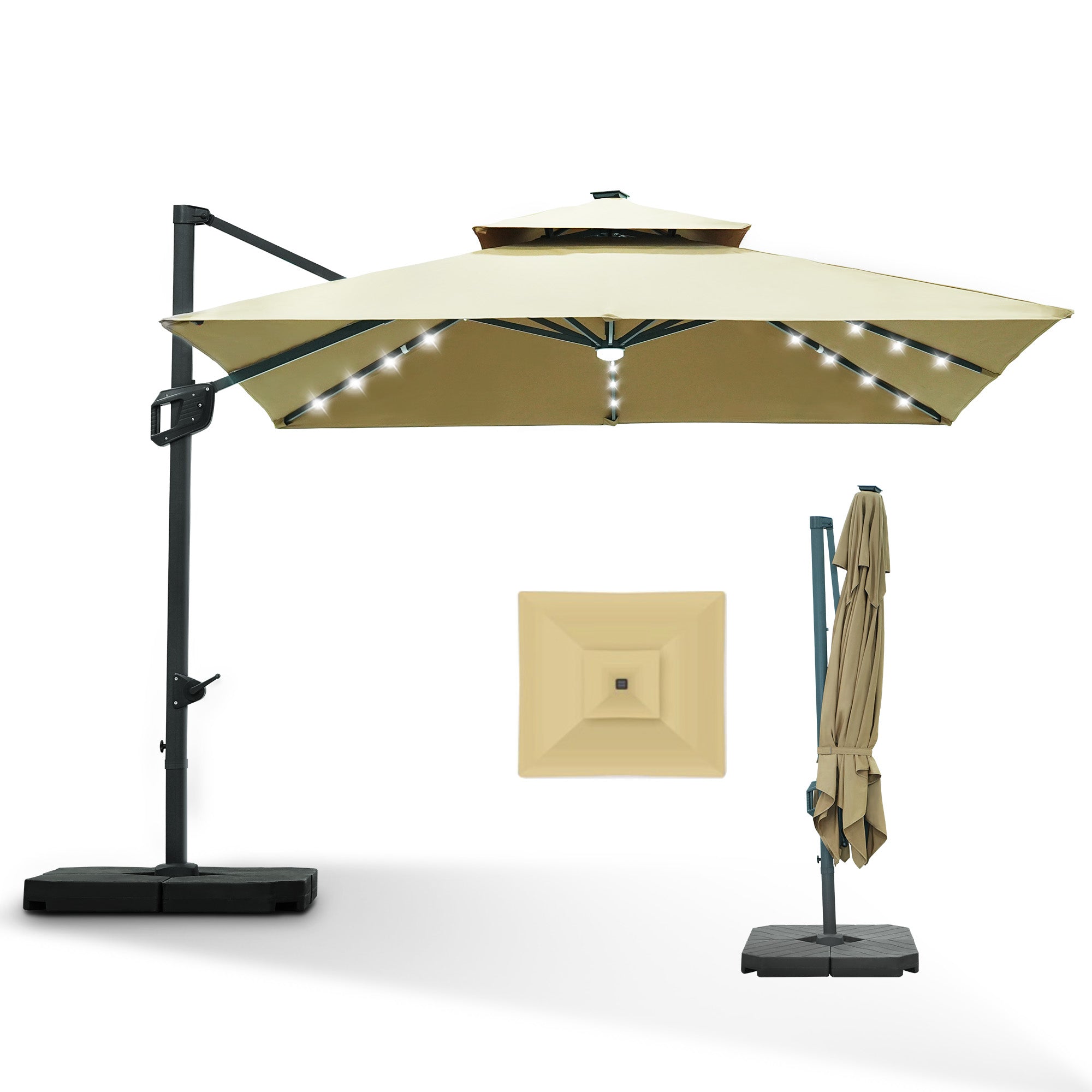 Patioslife LED Cantilever Umbrella Rectangular 2-Tier with Base and  Umbrella Cover