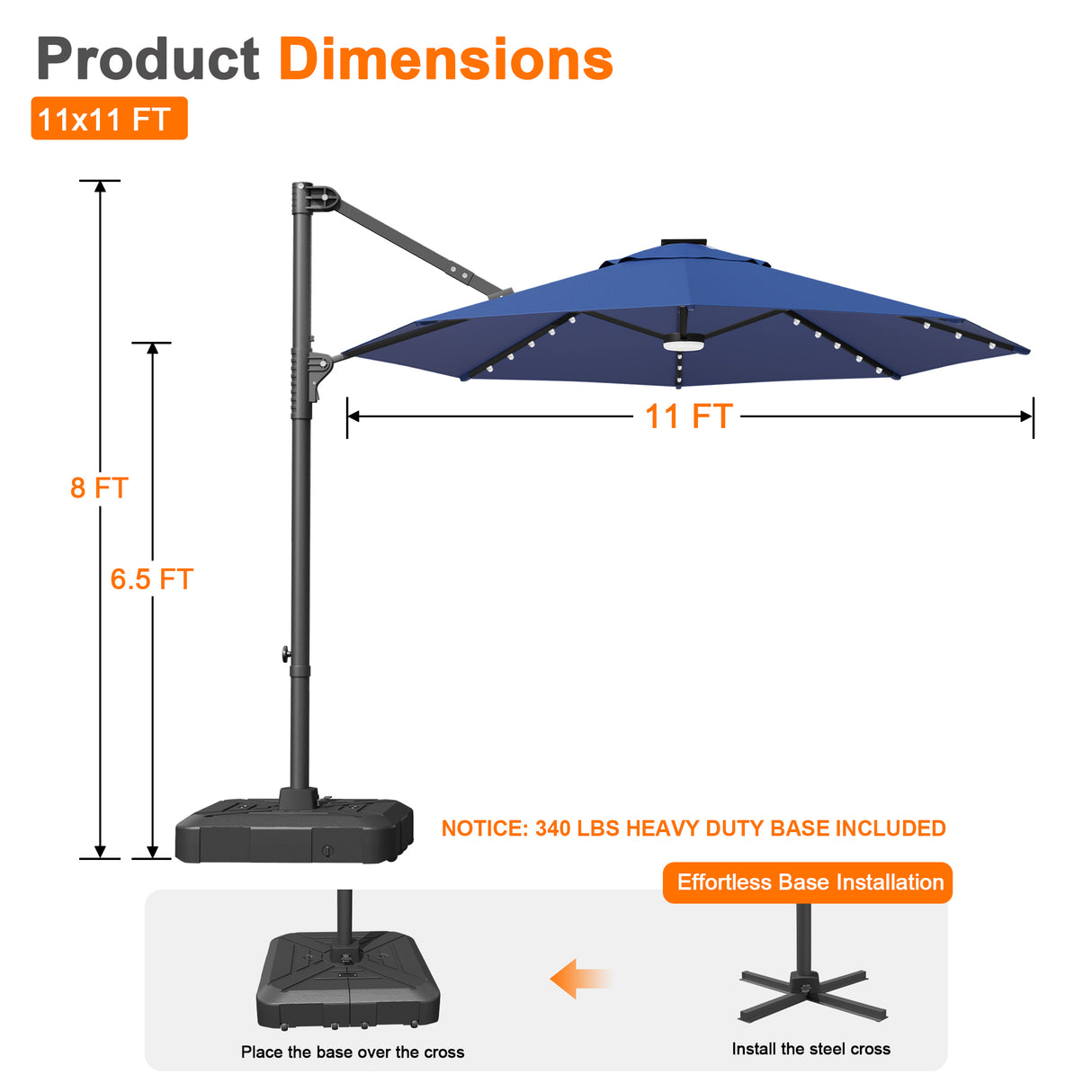 Patioslife Aegis 10ft Round Cantilever Patio Umbrella with solar LED lights | Premium Cover | Large Base
