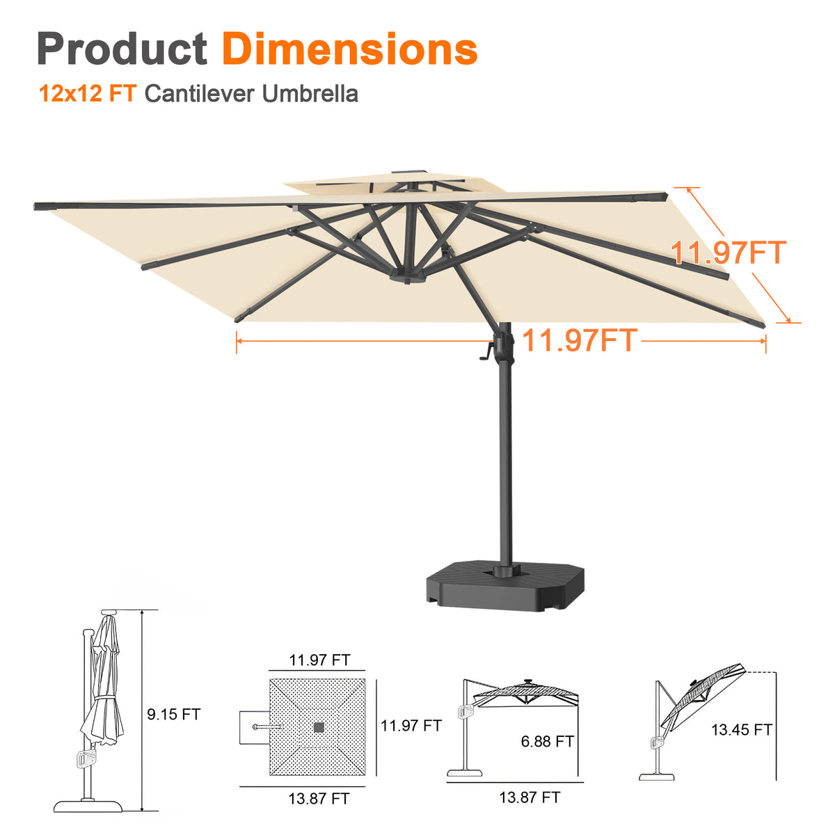Patioslife Aegis Cantilever Umbrella with Reinforced Aluminum Ribs and Pole for Patios, Gardens & Decks