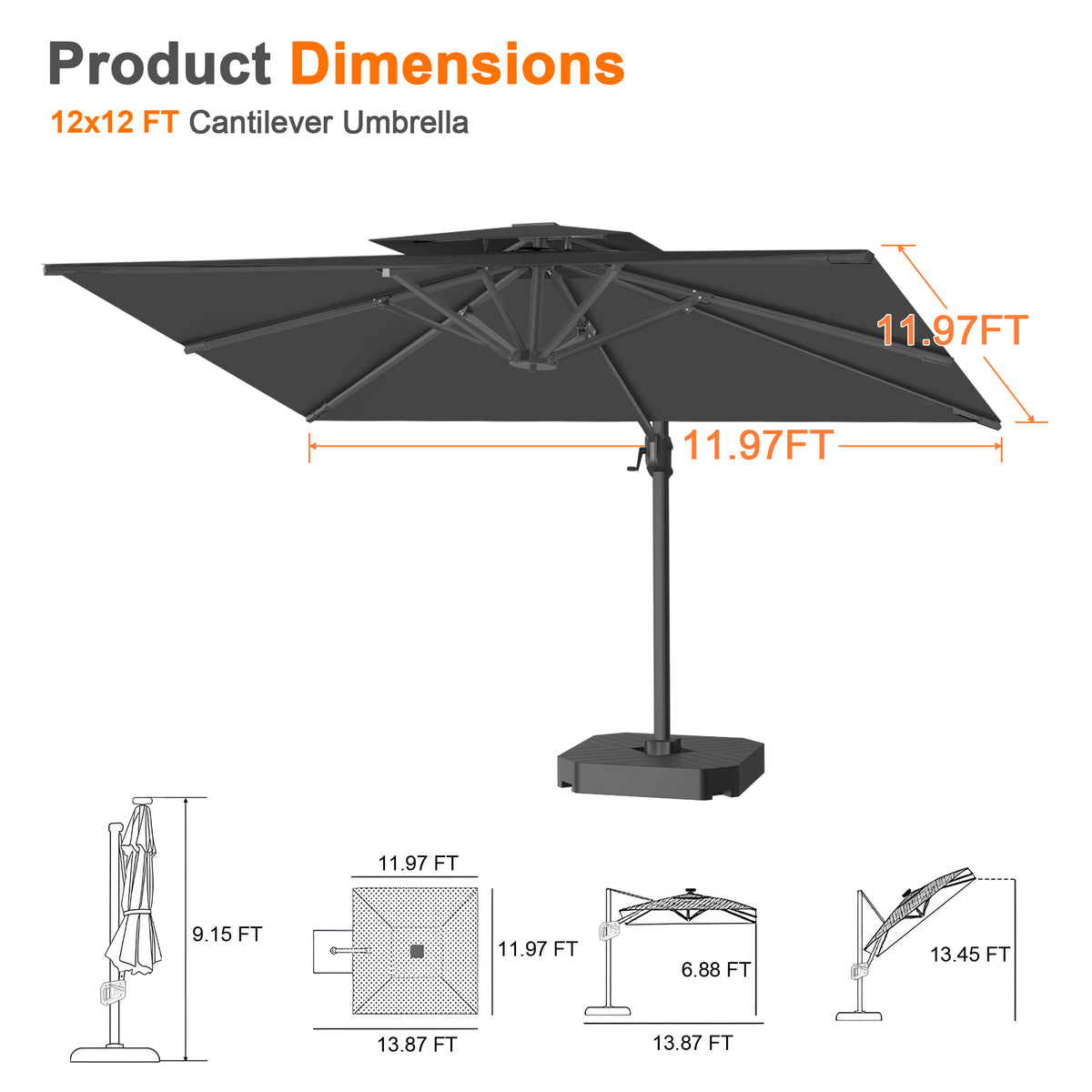 Patioslife Aegis Cantilever Umbrella with Reinforced Aluminum Ribs and Pole for Patios, Gardens & Decks