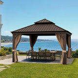 Patioslife Haven Luxury Hardtop Gazebo with 4.7” x 4.7” Reinforced Aluminum Posts, Built-In Drainage Gutters, Curtains & Netting for Patios & Backyards