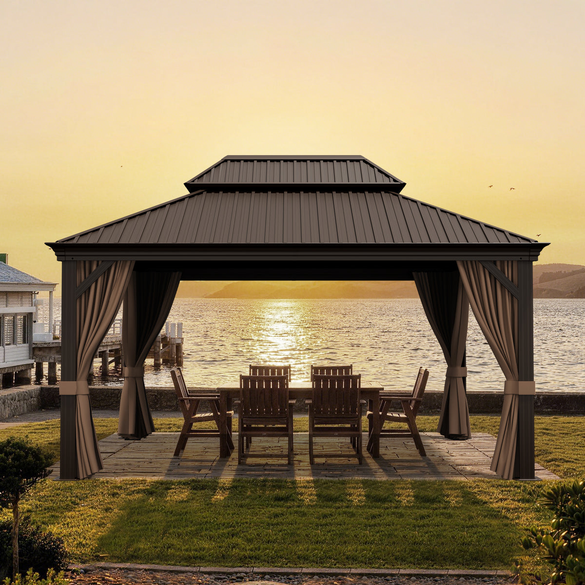 Patioslife Haven Luxury Hardtop Gazebo with 4.7” x 4.7” Reinforced Aluminum Posts, Built-In Drainage Gutters, Curtains & Netting for Patios & Backyards