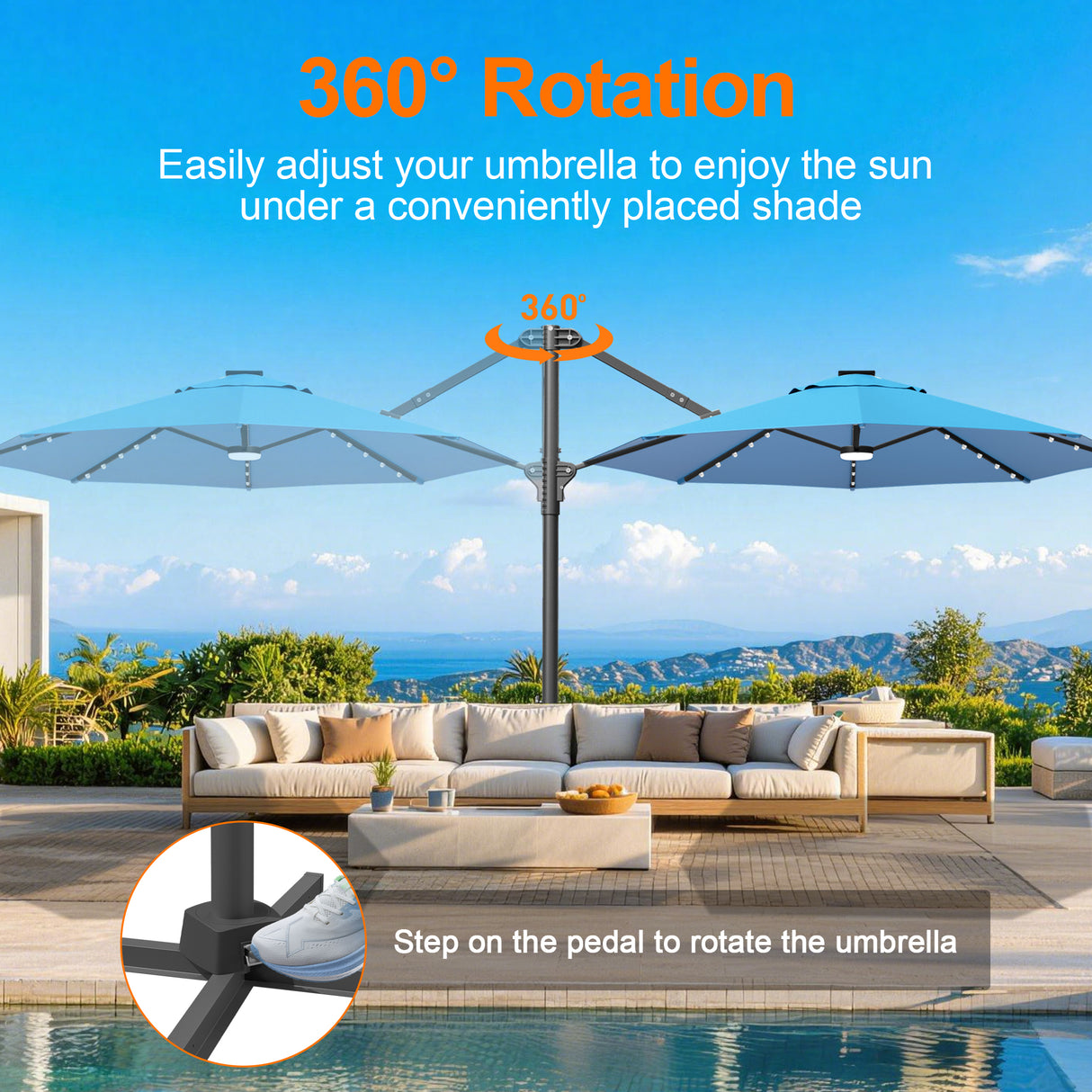 Patioslife Aegis 10ft Round Cantilever Patio Umbrella with solar LED lights | Premium Cover | Large Base