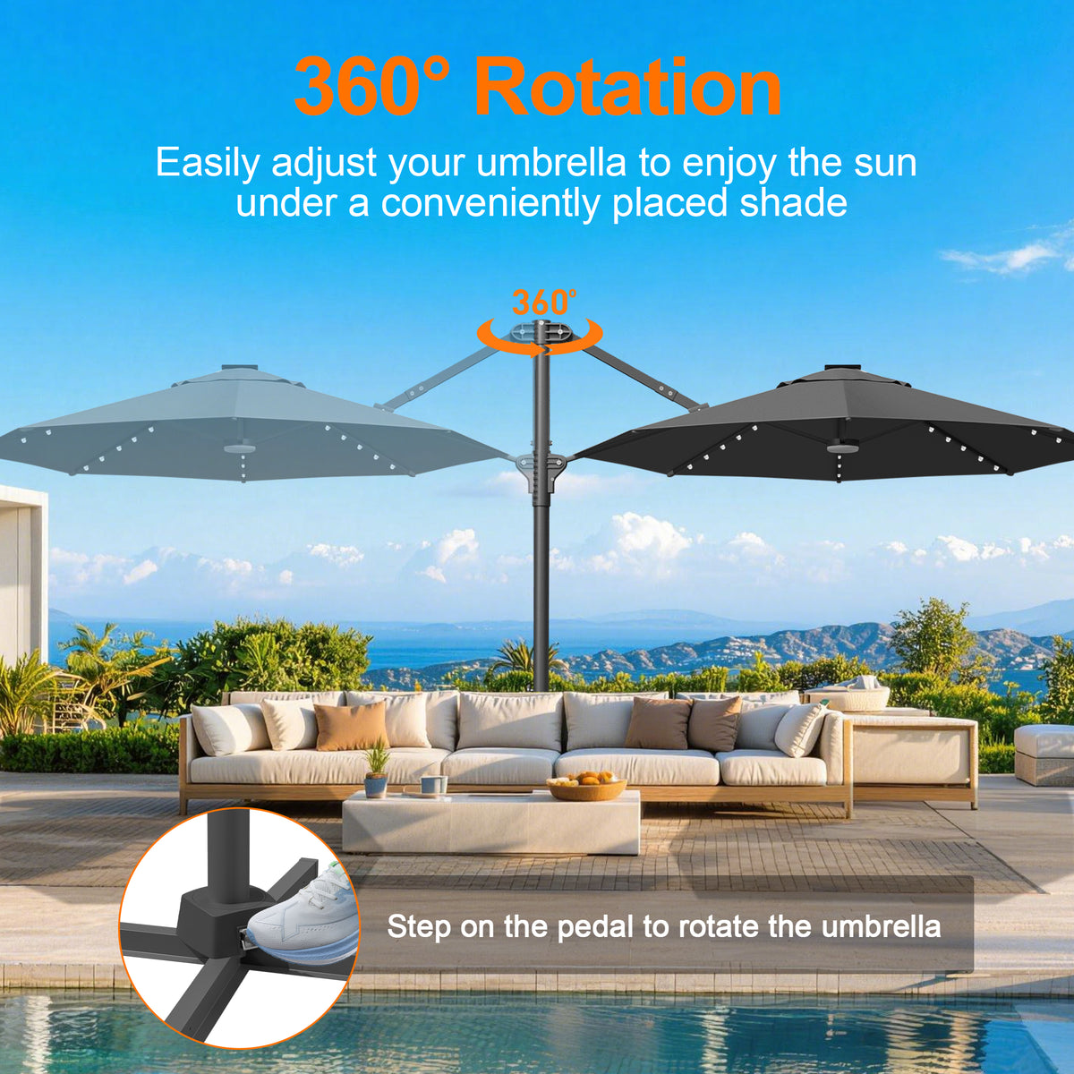 Patioslife Aegis 10ft Round Cantilever Patio Umbrella with solar LED lights | Premium Cover | Large Base