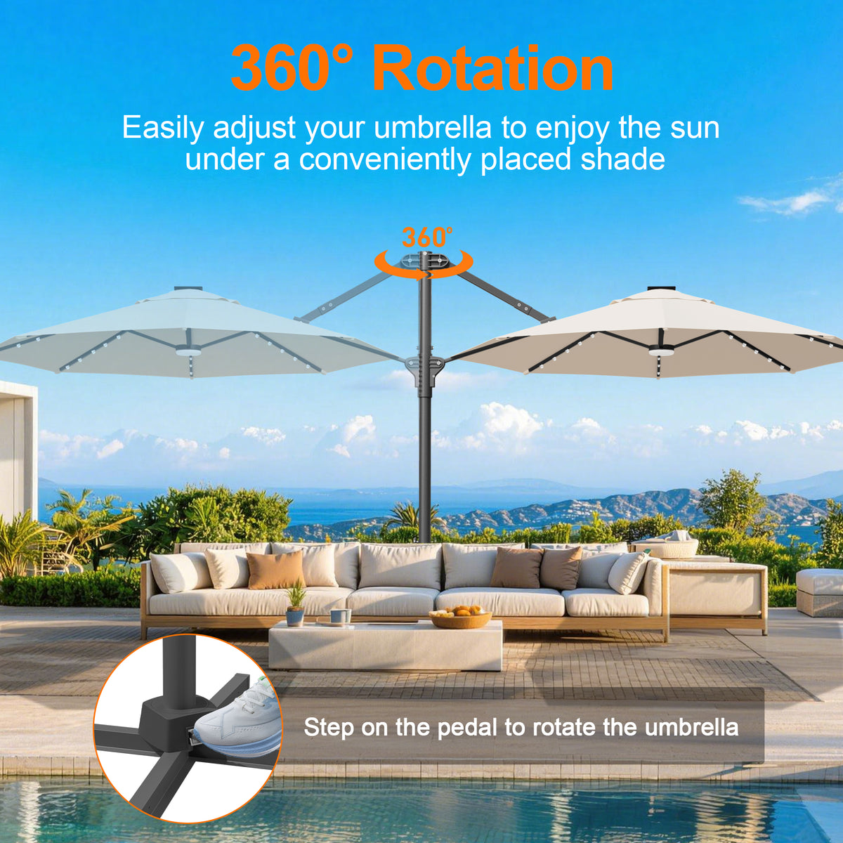 Patioslife Aegis 10ft Round Cantilever Patio Umbrella with solar LED lights | Premium Cover | Large Base