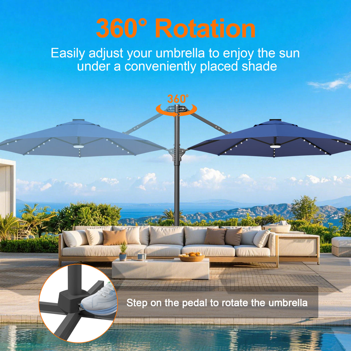 Patioslife Aegis 10ft Round Cantilever Patio Umbrella with solar LED lights | Premium Cover | Large Base