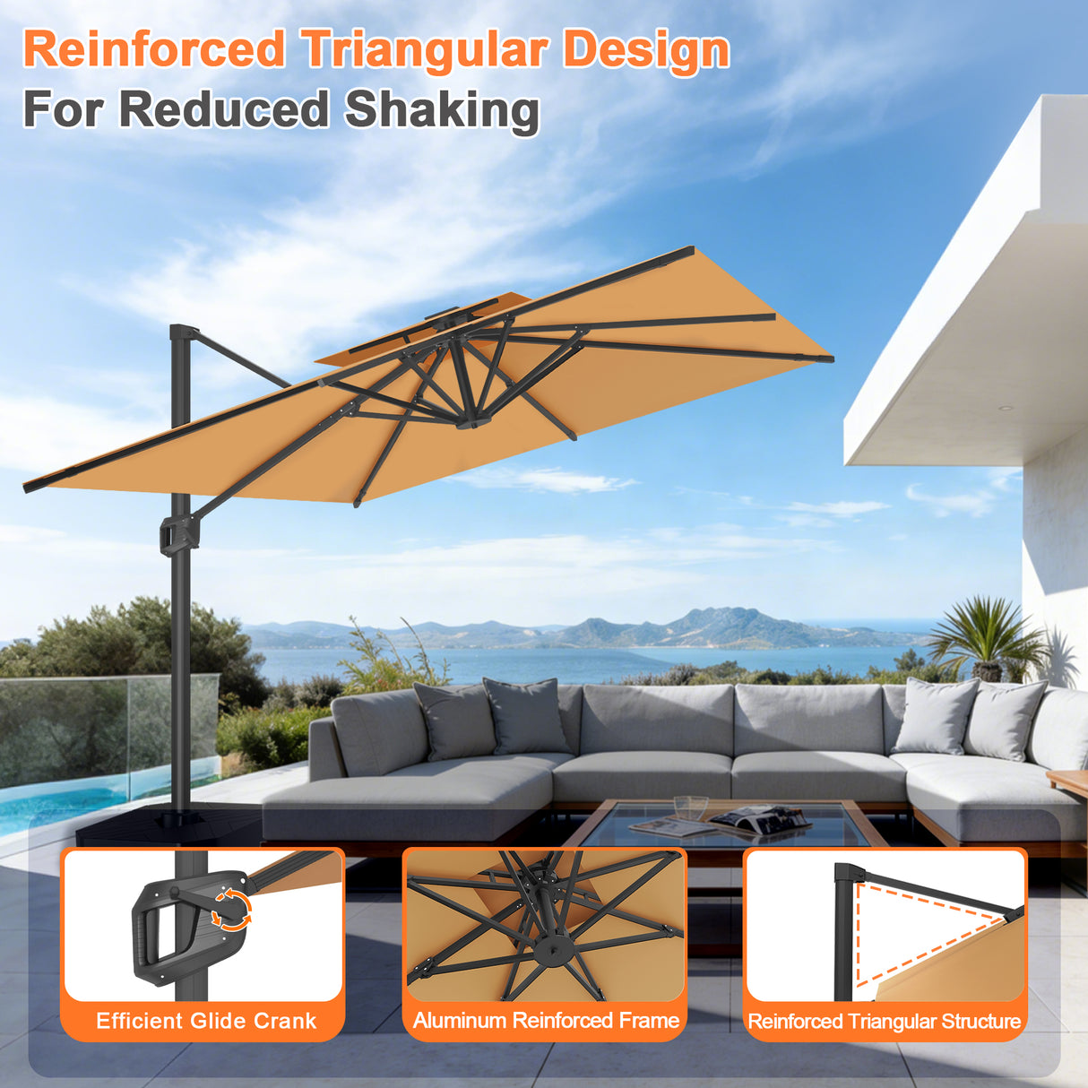Patioslife Aegis Pro™ Cantilever Umbrella with Cross Metal Base, Reinforced & Powder-Coated Aluminium Ribs and Pole, Ideal for Garden & Patio