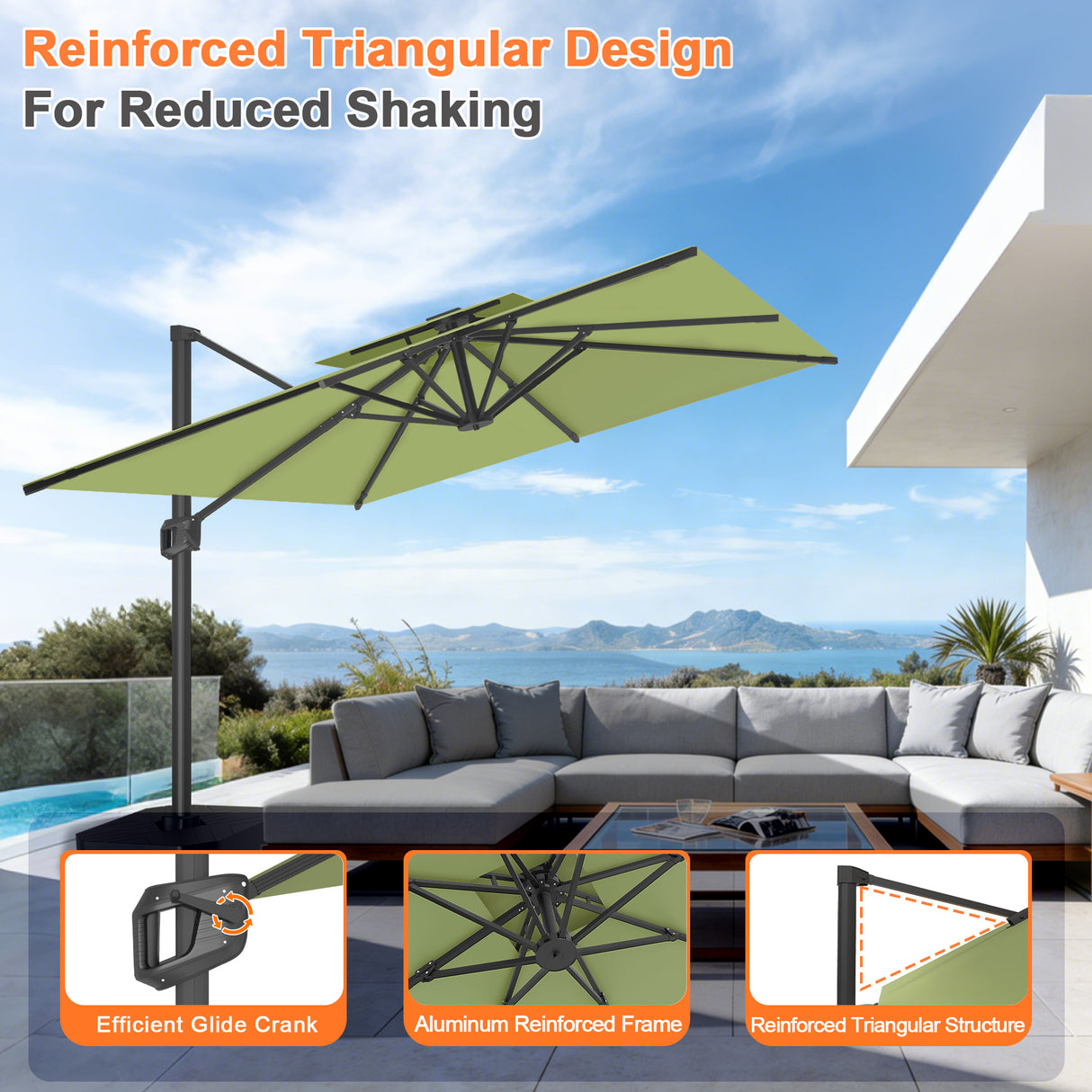 Patioslife Aegis Pro™ Cantilever Umbrella with Cross Metal Base, Reinforced & Powder-Coated Aluminium Ribs and Pole, Ideal for Garden & Patio