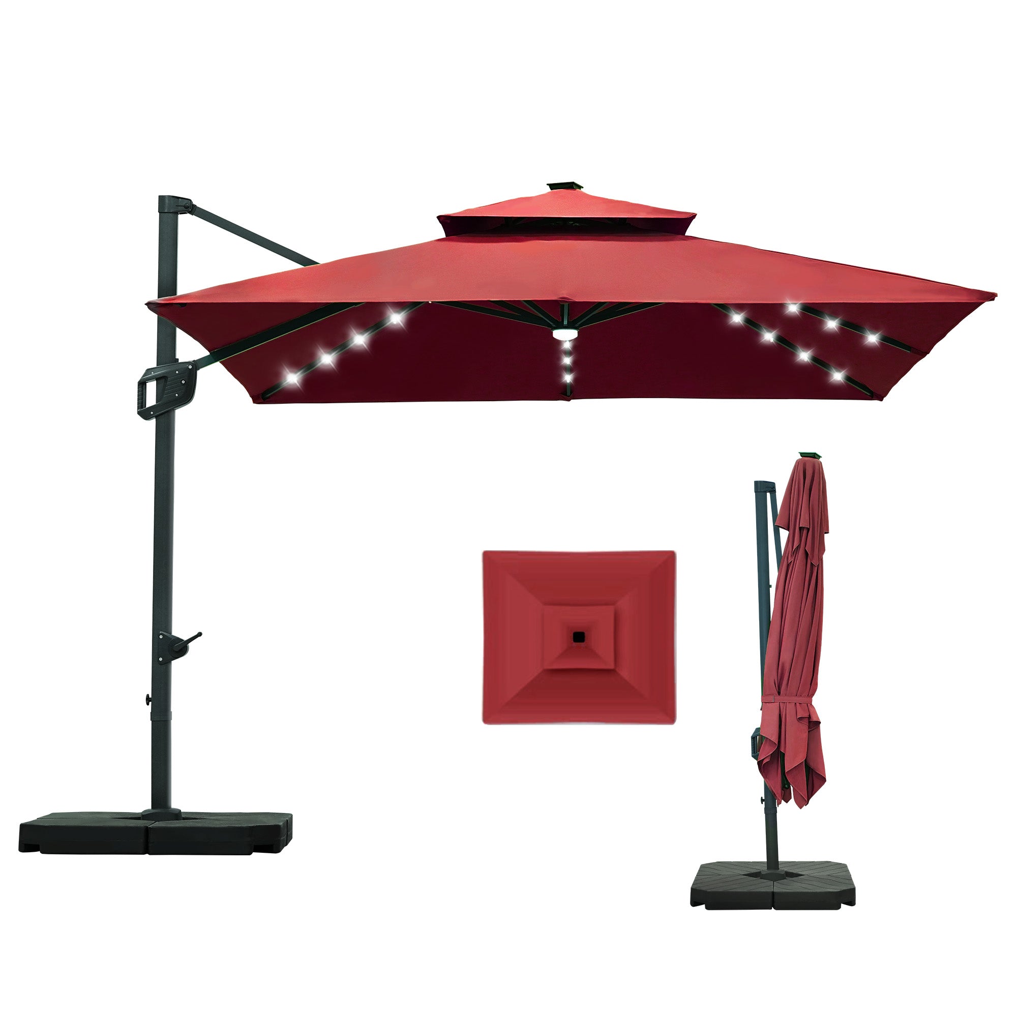 Patioslife LED Cantilever Umbrella Rectangular 2-Tier with Base and  Umbrella Cover