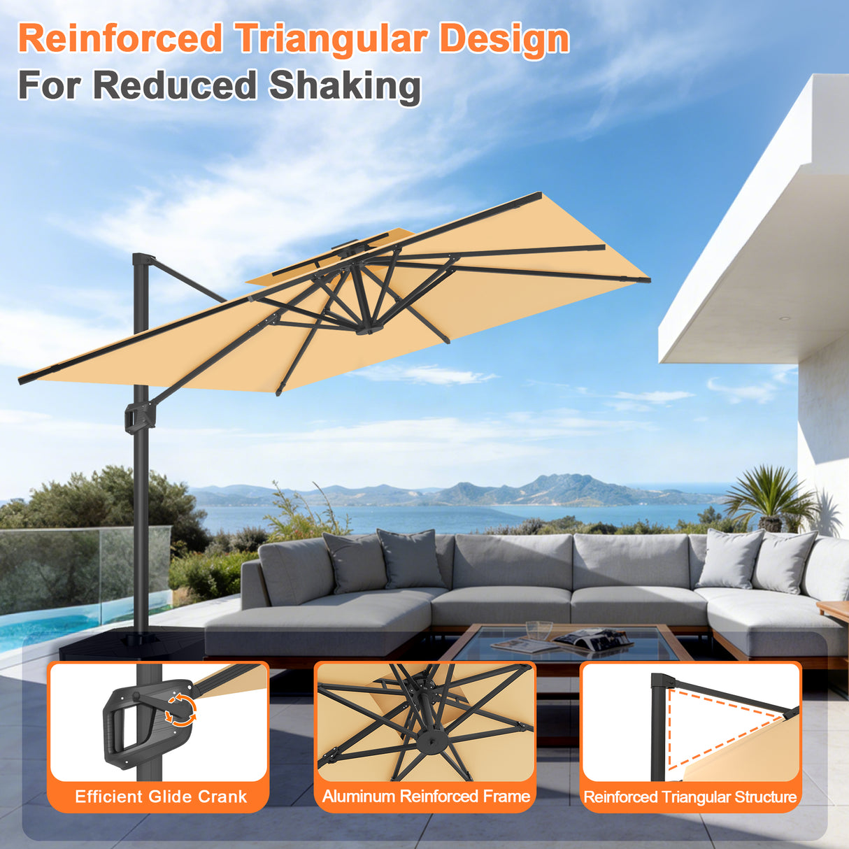 Patioslife Aegis Pro™ Cantilever Umbrella with Cross Metal Base, Reinforced & Powder-Coated Aluminium Ribs and Pole, Ideal for Garden & Patio