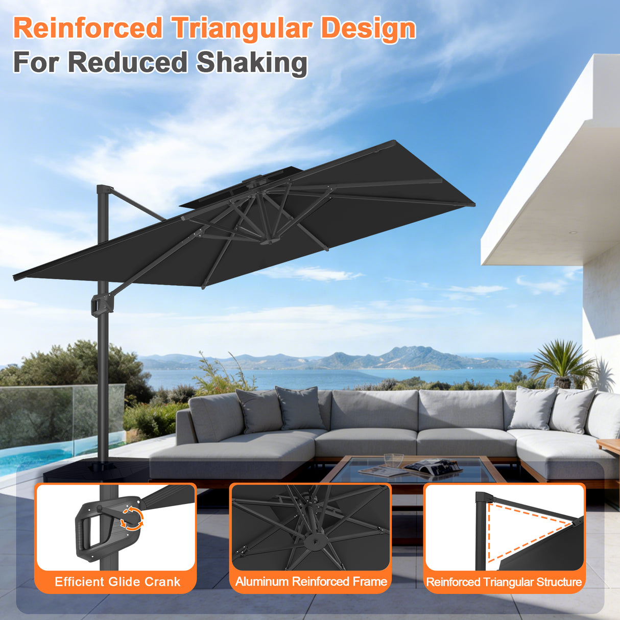 Patioslife Aegis Pro™ Cantilever Umbrella with Cross Metal Base, Reinforced & Powder-Coated Aluminium Ribs and Pole, Ideal for Garden & Patio