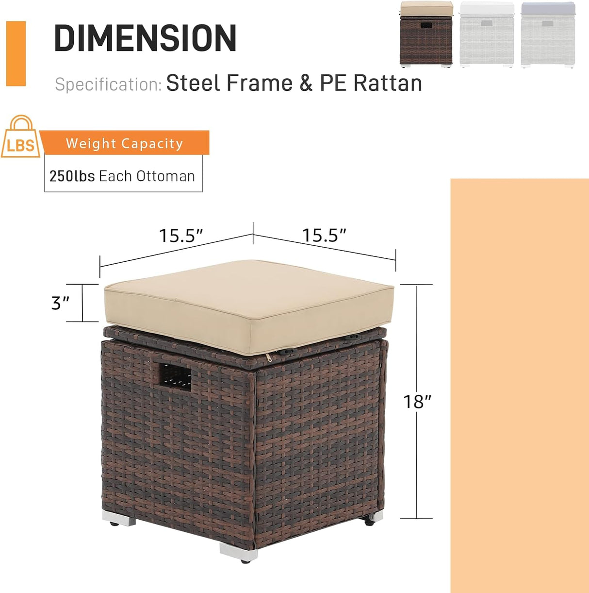 Patioslife Outdoor Ottoman with Storage – Grey PE Rattan Footrest with Thick Cushion for Patio or Pool