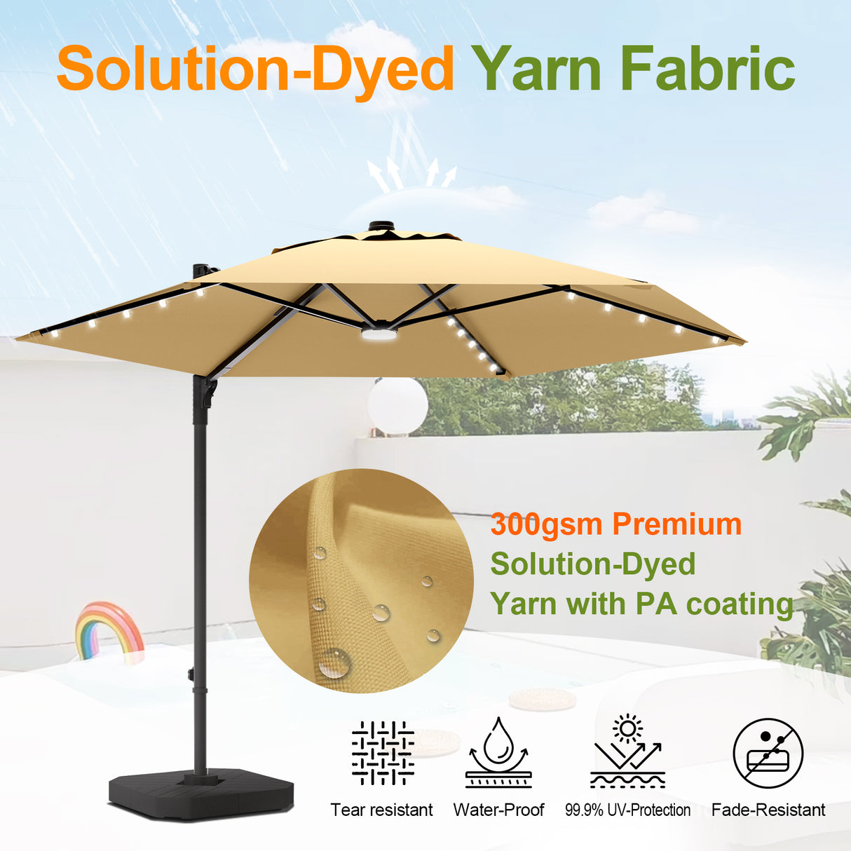 Patioslife Aegis Pro™ All-in-One Shade Round Cantilever Patio Umbrella with solar LED lights | Premium Cover | Large Base
