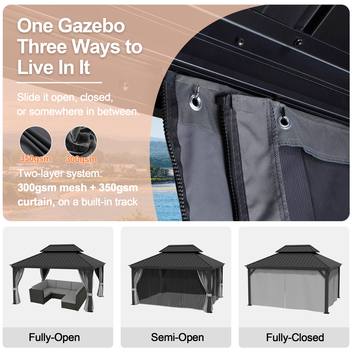 Patioslife Haven Luxury Hardtop Gazebo with 4.7” x 4.7” Reinforced Aluminum Posts, Built-In Drainage Gutters, Curtains & Netting for Patios & Backyards