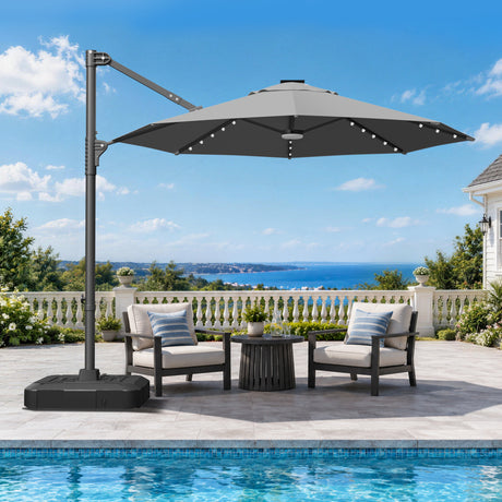 Patioslife Aegis 10ft Round Cantilever Patio Umbrella with solar LED lights | Premium Cover | Large Base