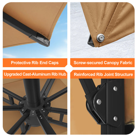 Patioslife Aegis Pro Cantilever Umbrella with Built-In LED Lights and Reinforced Aluminum Ribs and Pole for Patios & Gardens