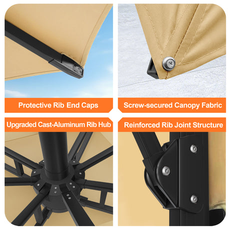 Patioslife Aegis Pro Cantilever Umbrella with Built-In LED Lights and Reinforced Aluminum Ribs and Pole for Patios & Gardens