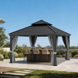 Patioslife Haven Luxury Hardtop Gazebo with 4.7” x 4.7” Reinforced Aluminum Posts, Built-In Drainage Gutters, Curtains & Netting for Patios & Backyards