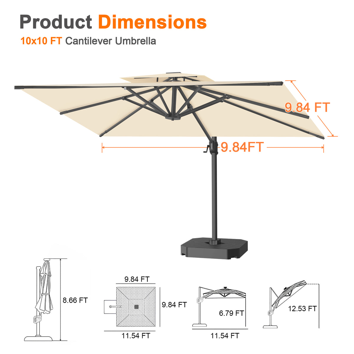 Patioslife Aegis Cantilever Umbrella with Reinforced Aluminum Ribs and Pole for Patios, Gardens & Decks