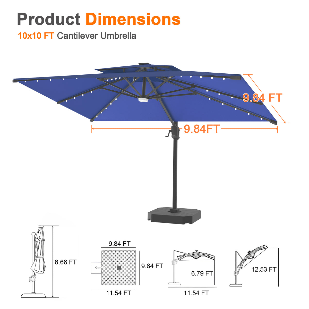 Patioslife Aegis Pro Cantilever Umbrella with Built-In LED Lights and Reinforced Aluminum Ribs and Pole for Patios & Gardens