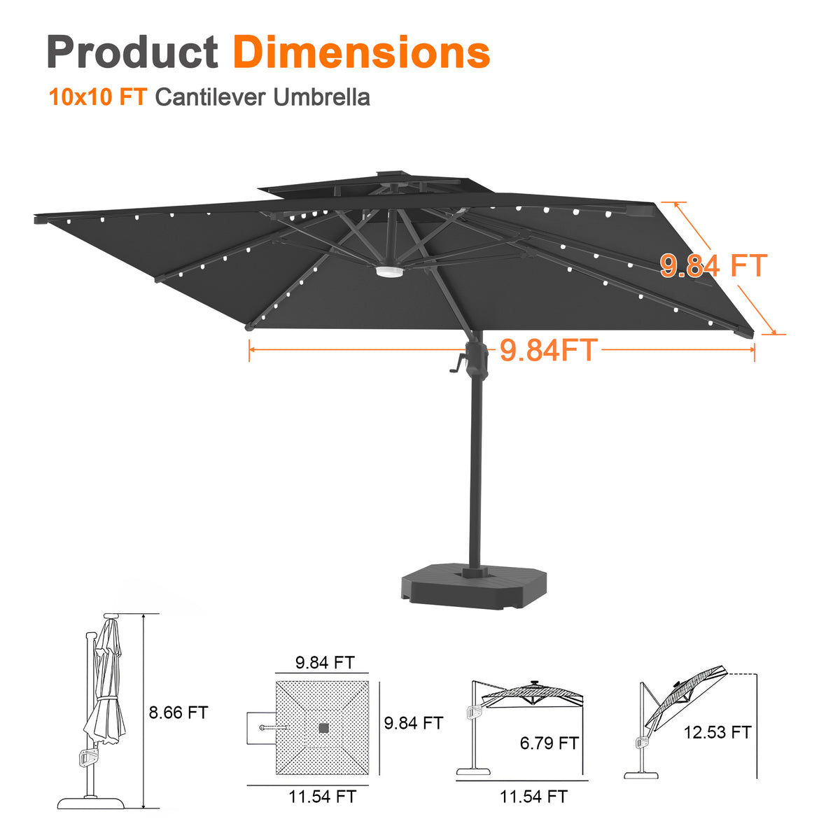 Patioslife Aegis Pro Cantilever Umbrella with Built-In LED Lights and Reinforced Aluminum Ribs and Pole for Patios & Gardens