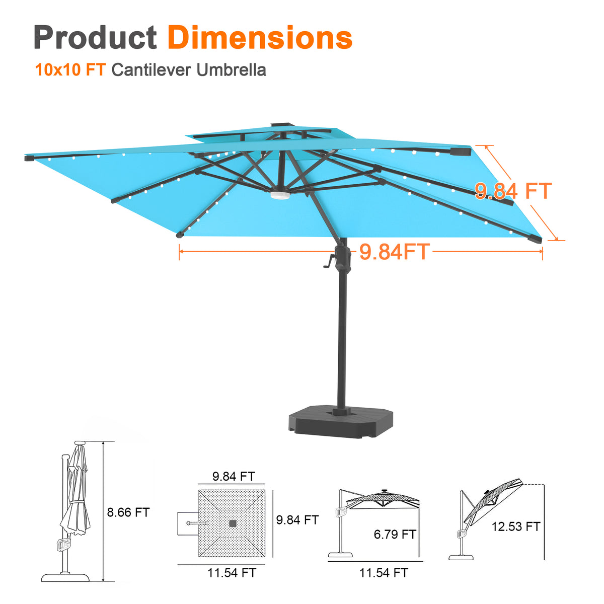 Patioslife Aegis Pro Cantilever Umbrella with Built-In LED Lights and Reinforced Aluminum Ribs and Pole for Patios & Gardens