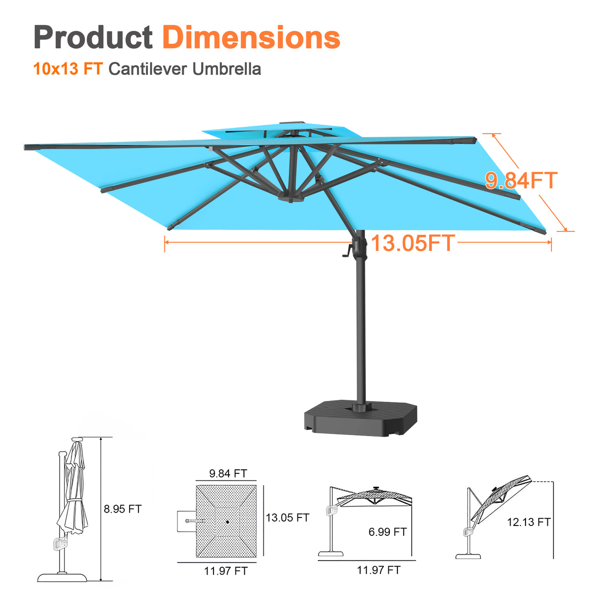 Patioslife Aegis Cantilever Umbrella with Reinforced Aluminum Ribs and Pole for Patios, Gardens & Decks
