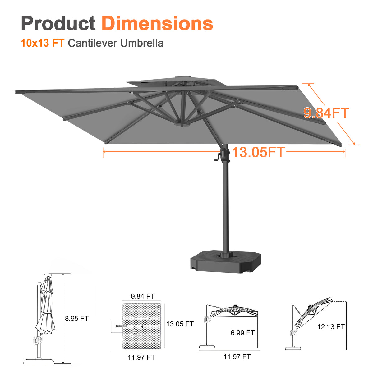 Patioslife Aegis Cantilever Umbrella with Reinforced Aluminum Ribs and Pole for Patios, Gardens & Decks