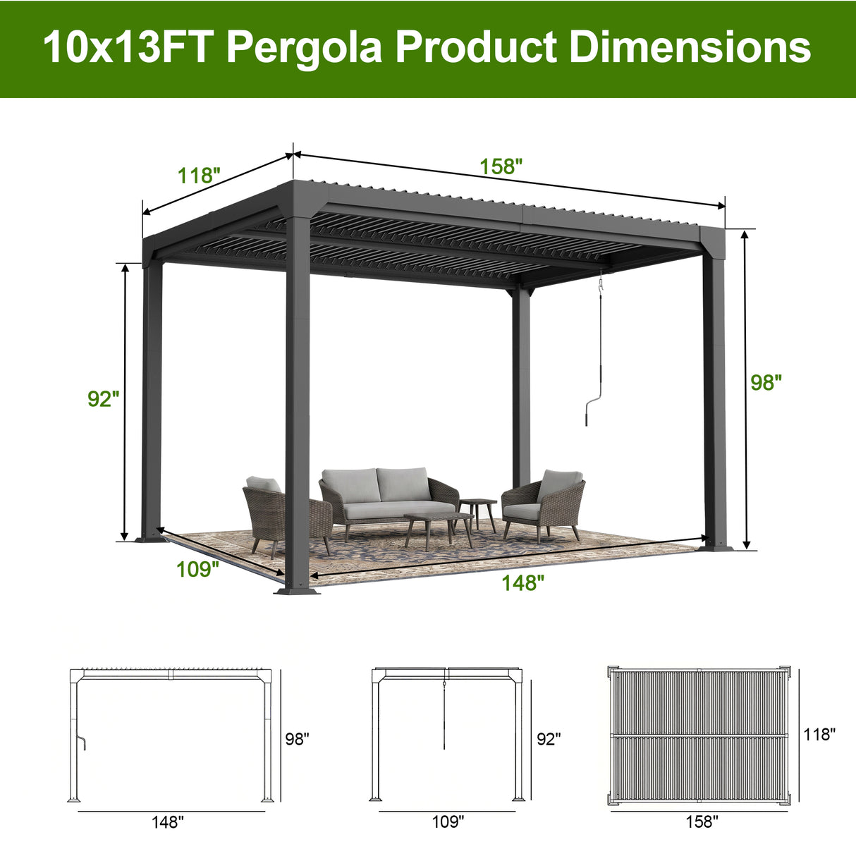 Patioslife Atlantic | Metal Louvered Pergola with Adjustable Roof, Freestanding All-Weather Shelter for Deck, Patio & Poolside