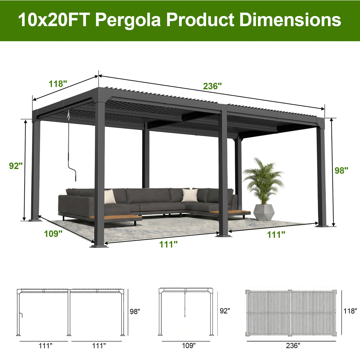 Patioslife Atlantic |10 x 20ft Contemporary Metal Louvered Pergola with Adjustable Louvers, Stylish Outdoor Pavilion for Patio & Entertaining