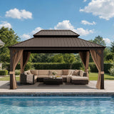 Patioslife Haven Luxury Hardtop Gazebo with 4.7” x 4.7” Reinforced Aluminum Posts, Built-In Drainage Gutters, Curtains & Netting for Patios & Backyards