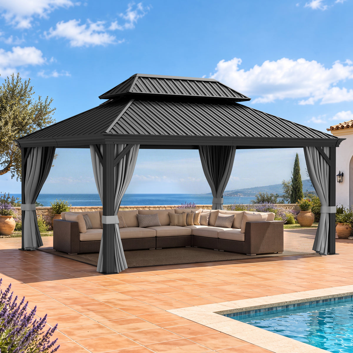 Patioslife Haven Luxury Hardtop Gazebo with 4.7” x 4.7” Reinforced Aluminum Posts, Built-In Drainage Gutters, Curtains & Netting for Patios & Backyards