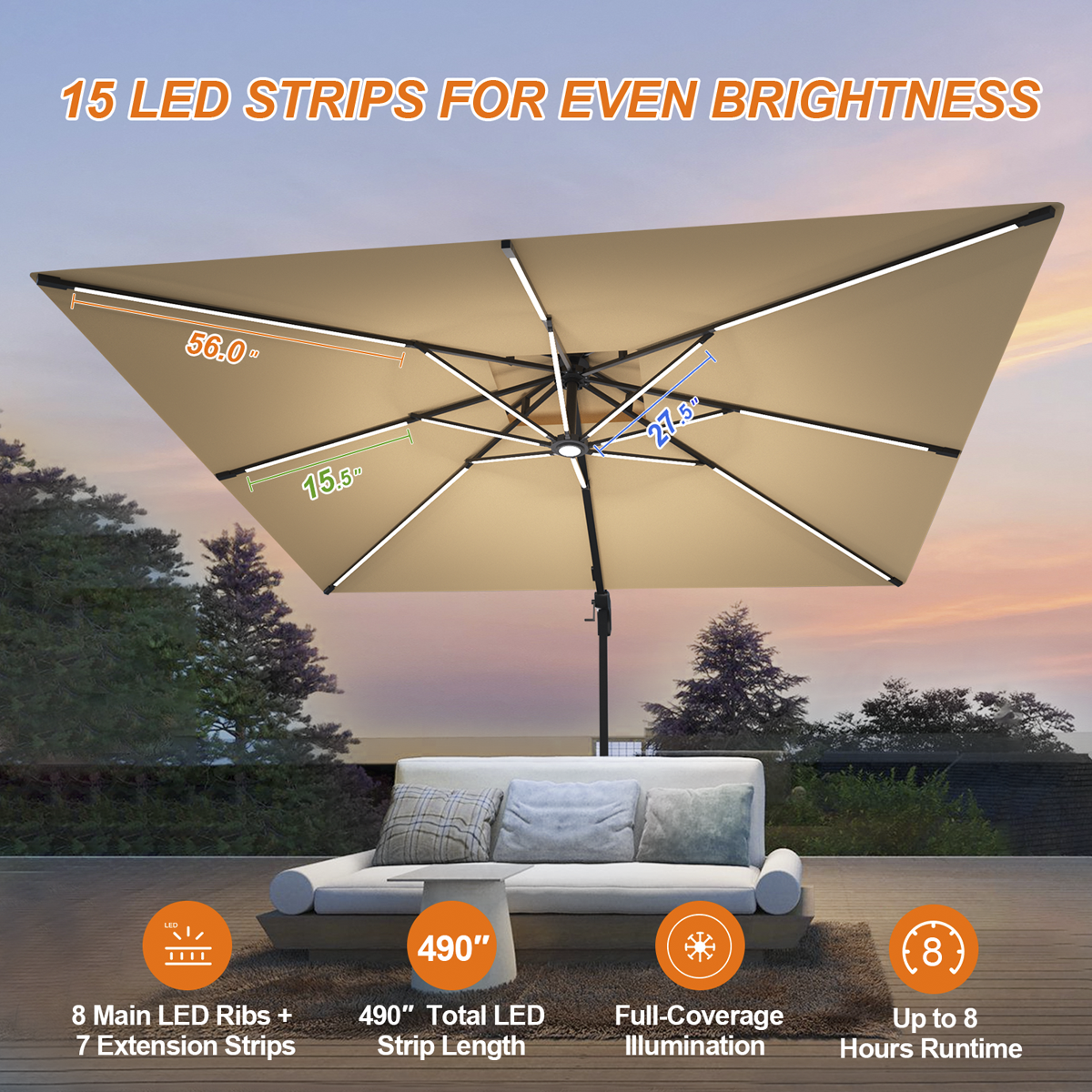 Patioslife Aegis Pro™ Premium Cantilever Umbrella with LED Strip Lights, Fibreglass Ribs & Powder-Coated Aluminium Pole — Luxury Garden & Patio Shade