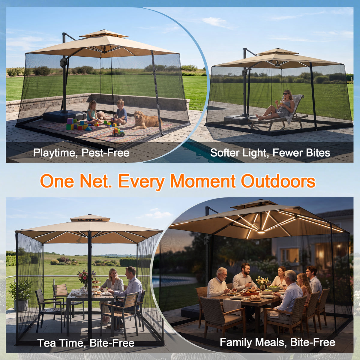 Patioslife Mosquito Net for Cantilever Patio Umbrella – Zippered Bug Netting Enclosure with Weighted Hem, Fits 8–13 ft Umbrellas