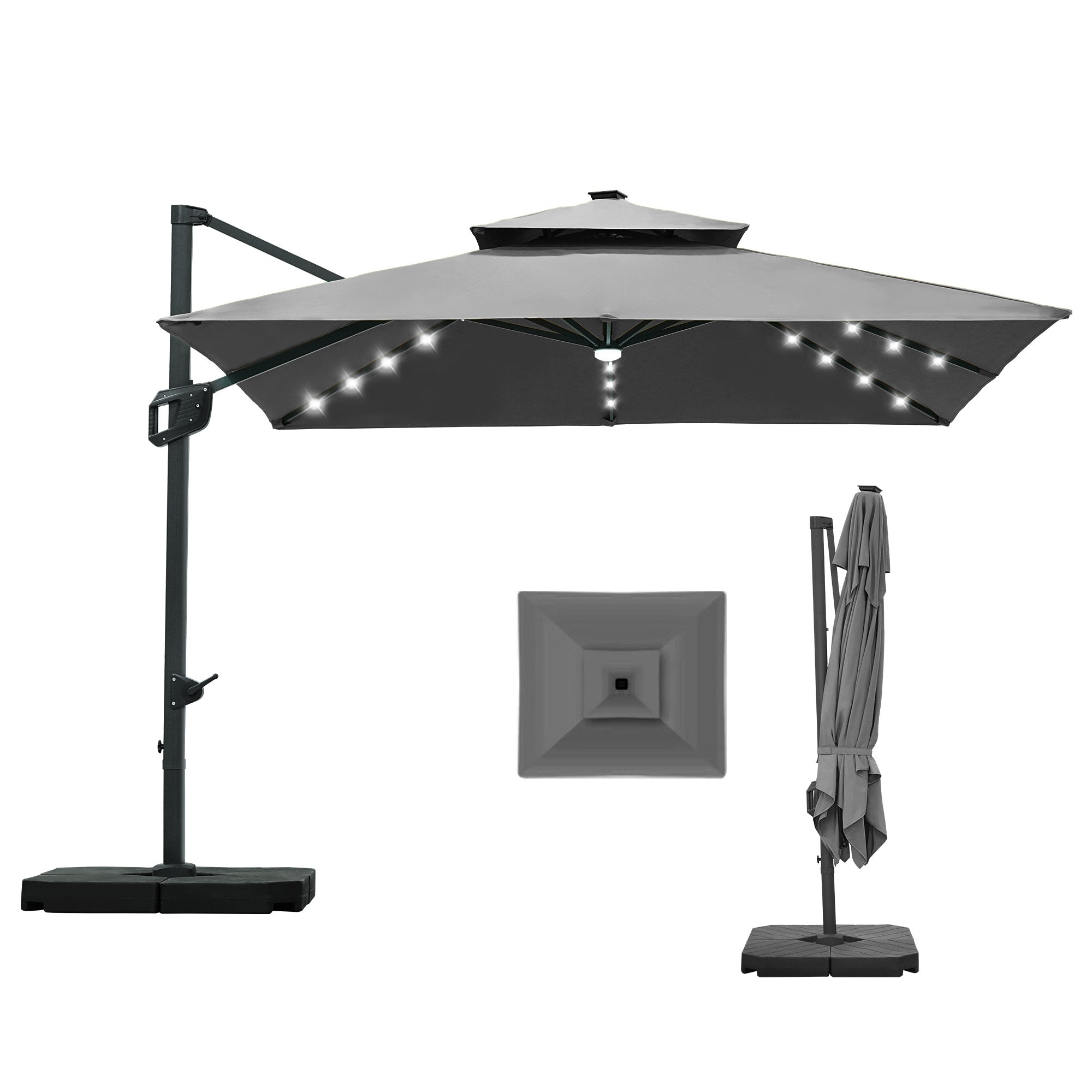 Patioslife LED Cantilever Umbrella Rectangular 2-Tier with Base and  Umbrella Cover