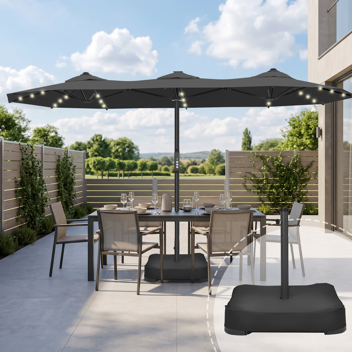 Patioslife Aegis Premium Motorized Double-Sided Patio Umbrella — Remote Control, UPF 50+, Solar LED & Windproof Frame