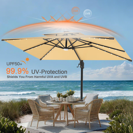 Patioslife Aegis Pro Cantilever Umbrella with Built-In LED Lights and Reinforced Aluminum Ribs and Pole for Patios & Gardens
