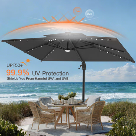 Patioslife Aegis Pro Cantilever Umbrella with Built-In LED Lights and Reinforced Aluminum Ribs and Pole for Patios & Gardens