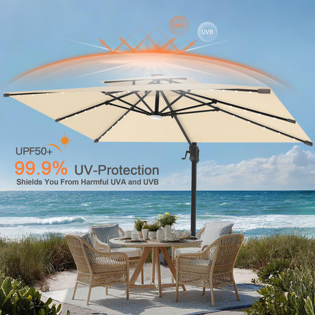 Patioslife Aegis Pro Cantilever Umbrella with Built-In LED Lights and Reinforced Aluminum Ribs and Pole for Patios & Gardens