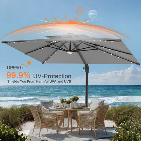 Patioslife Aegis Pro Cantilever Umbrella with Built-In LED Lights and Reinforced Aluminum Ribs and Pole for Patios & Gardens