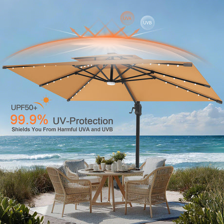 Patioslife Aegis Pro Cantilever Umbrella with Built-In LED Lights and Reinforced Aluminum Ribs and Pole for Patios & Gardens