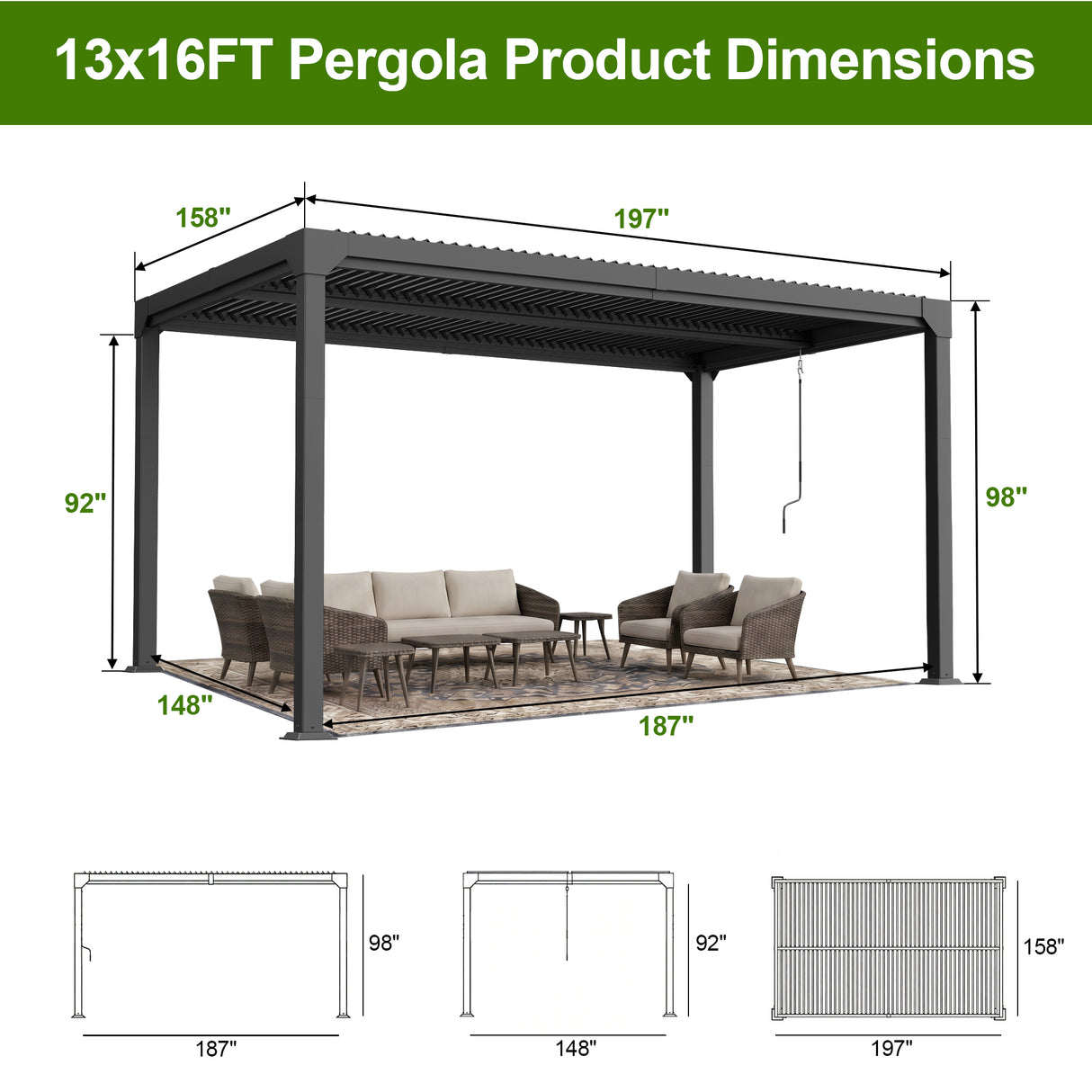 Patioslife Atlantic | Metal Louvered Pergola with Adjustable Roof, Freestanding All-Weather Shelter for Deck, Patio & Poolside
